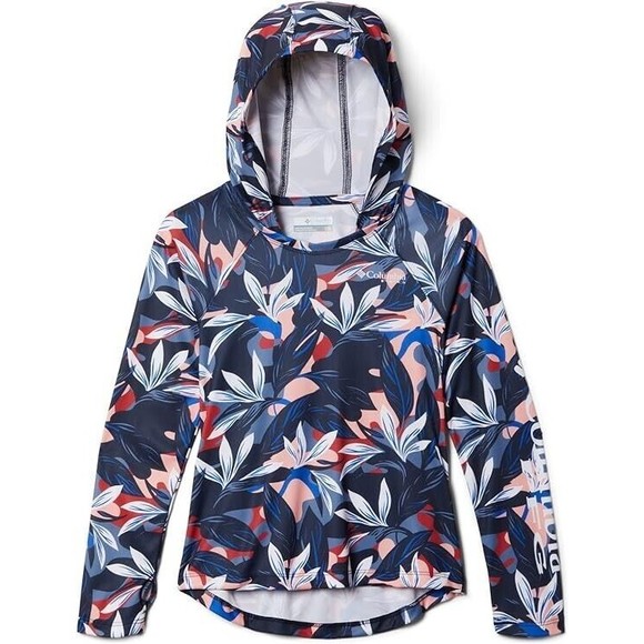Columbia PFG Super Tidal Hoodie Youth Girls L Blue Floral UPF 50 Omni Wick NEW - Picture 1 of 7